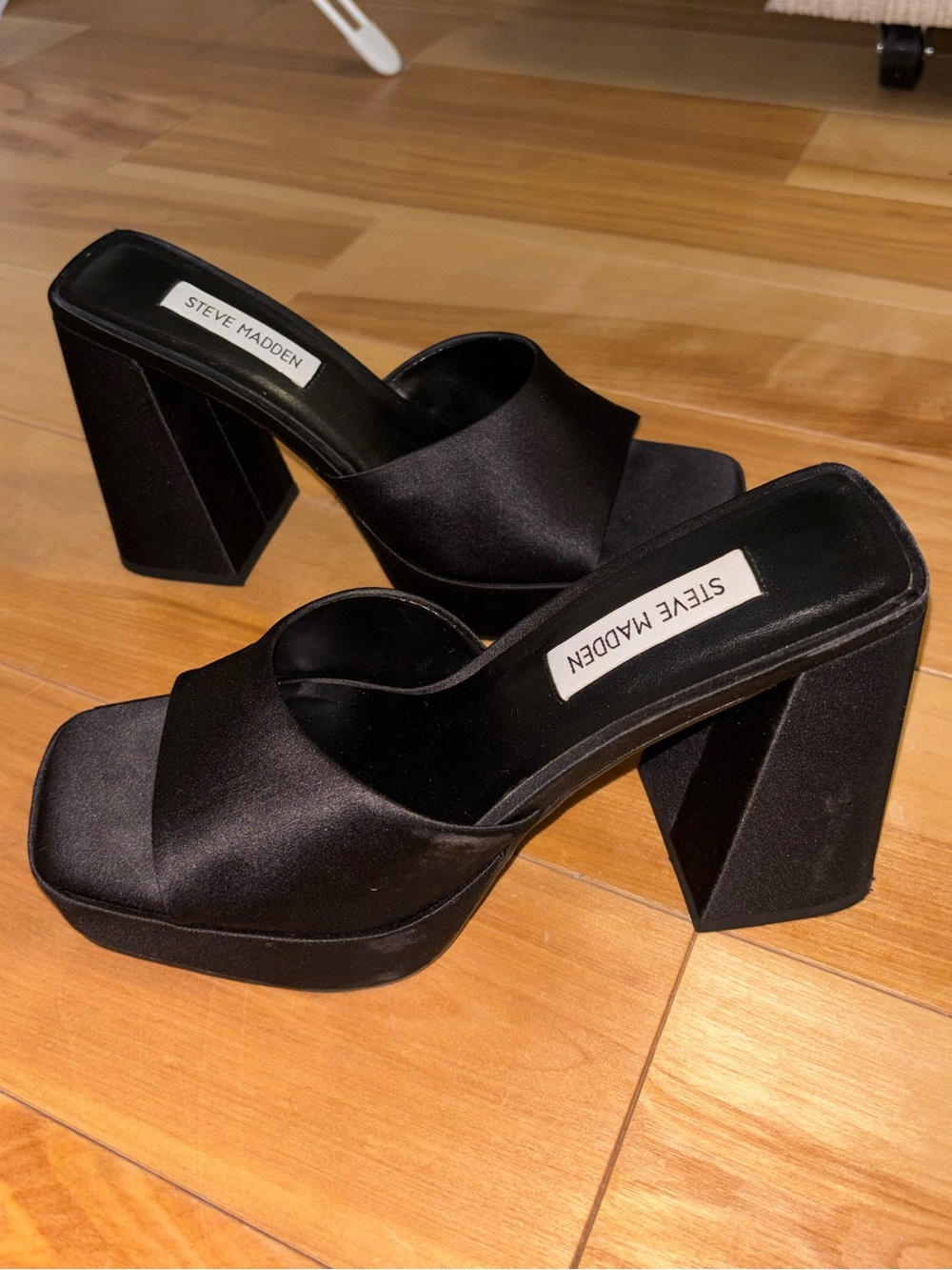 Steve Madden Black Satin Platform Block Heel Mules